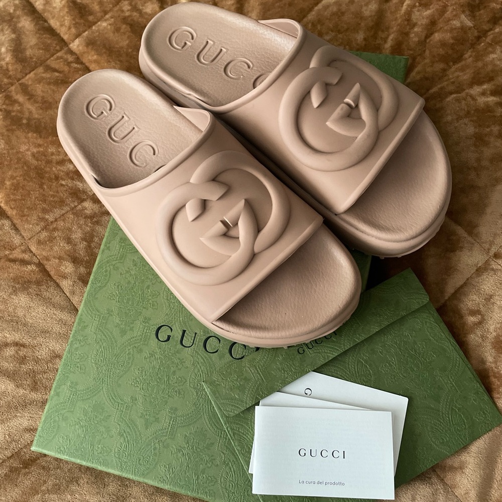 Gucci Beige Embossed Slide Sandals